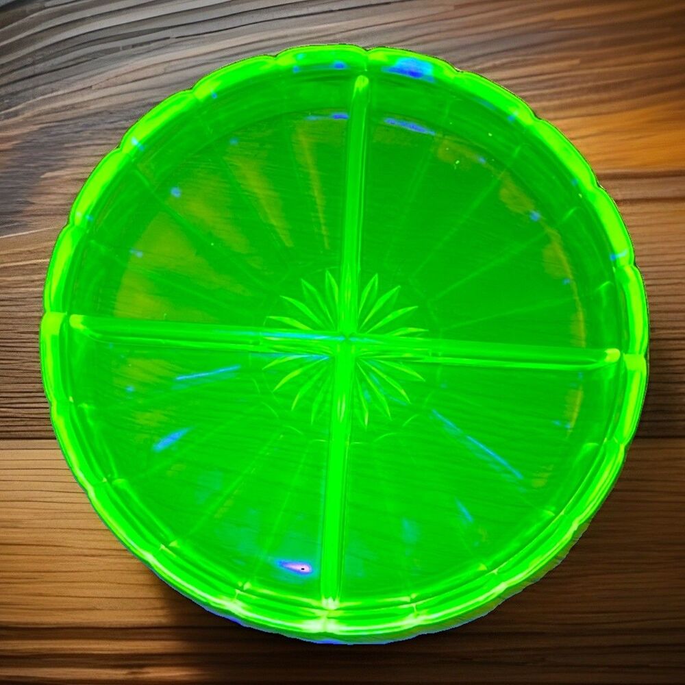 Vintage 1930s Topaz Yellow Vaseline Uranium Divided Relish Tray Plate Sunburst